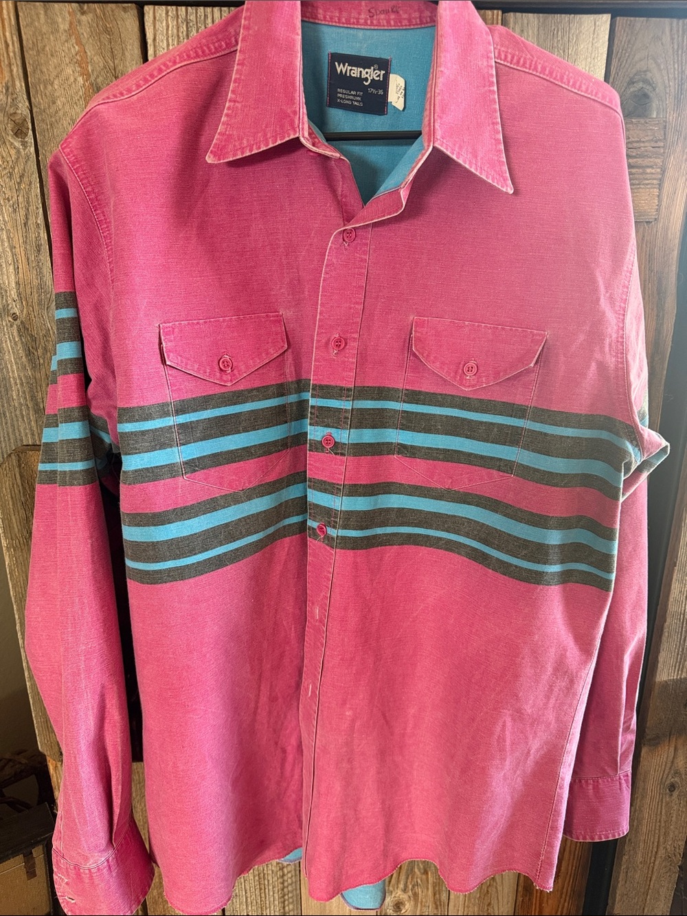 Vintage Wrangler Men’s Red Striped Button-Down Shirt with Teal & Gray Accent